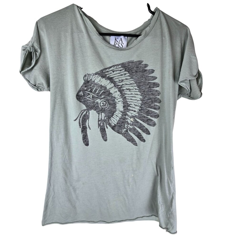 Zoe Karssen Green Native‎ American Graphic Tee Feather Print Short Sleeves S